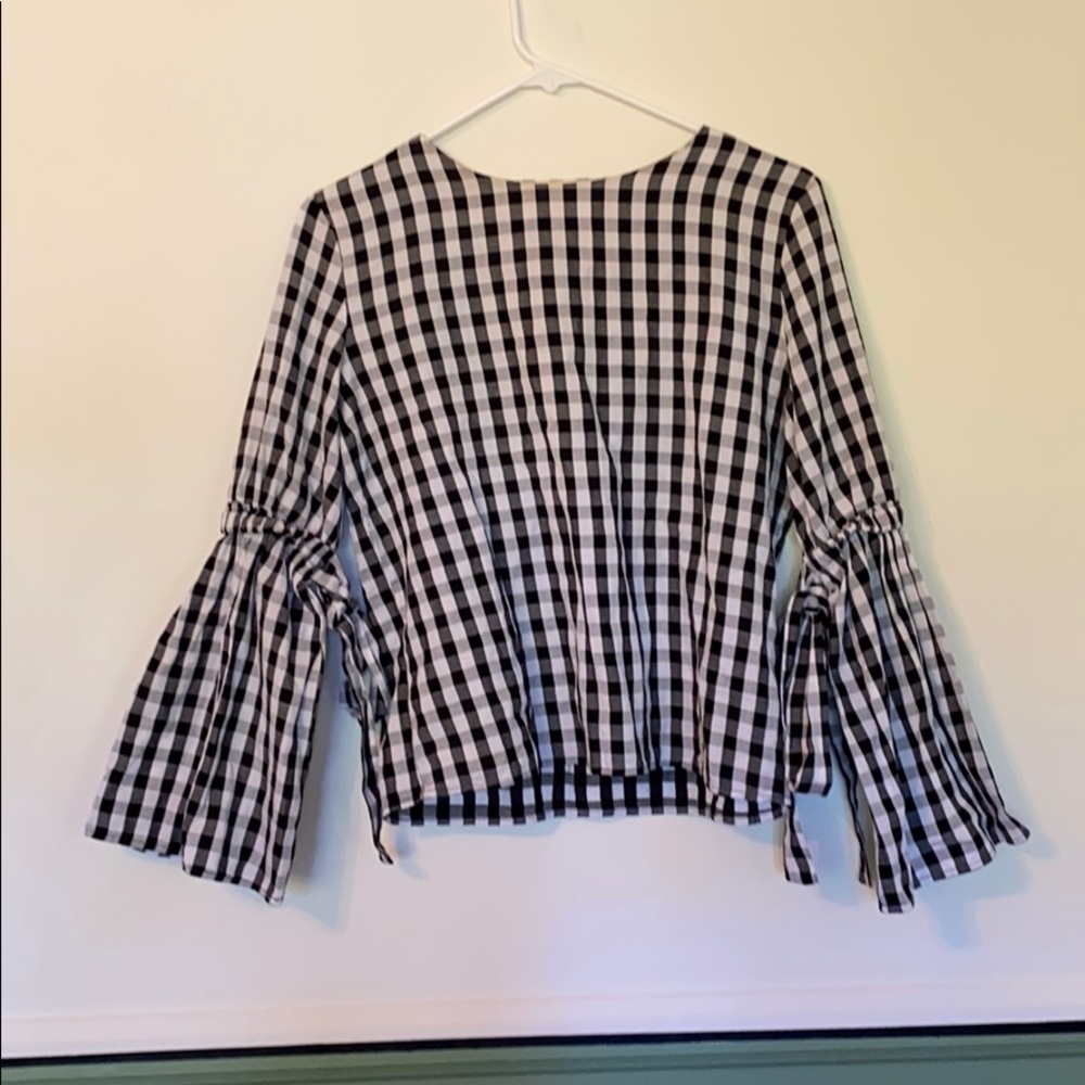 Vintage gingham top with tie sleeves